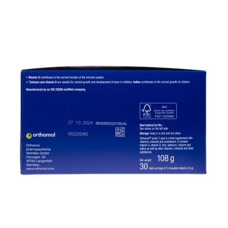 Junior C Plus cu aroma de mandarina si portocala, 30 plicuri cu 3 tablete masticabile, Orthomol Junior C Plus cu aroma de mandarina si portocala, 30 plicuri cu 3 tablete masticabile, Orthomol