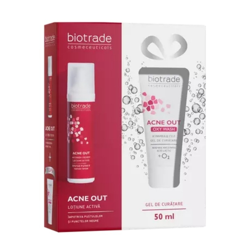 Pachet Acne Out Active lotiune, 60 ml + Acne Out Oxy Wash gel de curatare, 50 ml, Biotrade Pachet Acne Out Active lotiune, 60 ml + Acne Out Oxy Wash gel de curatare, 50 ml, Biotrade