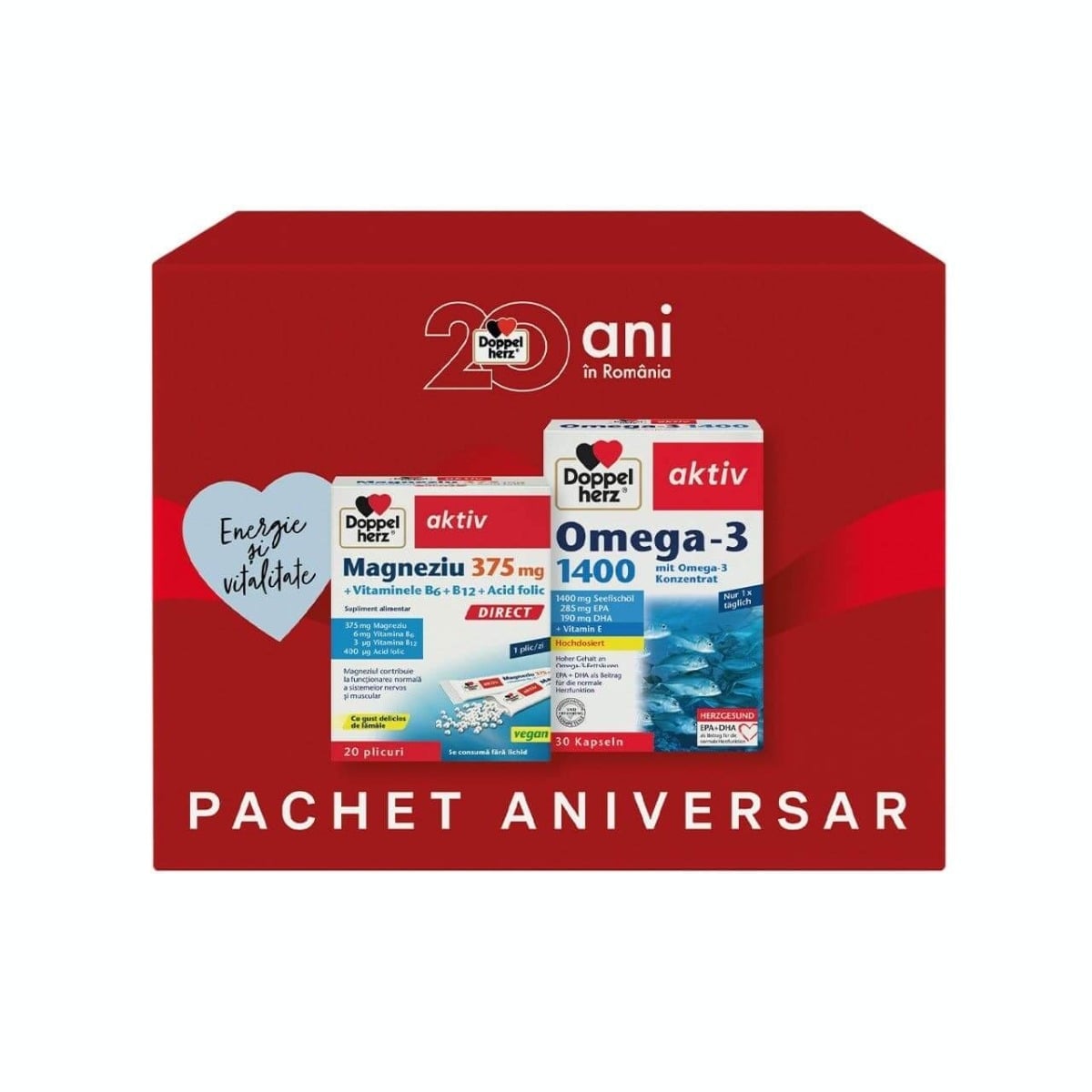 Pachet Aktiv Omega-3 1400mg, 30caps, + Magneziu 375 mg Direct + Vitaminele B6 + B12 + Acid folic, 20 plicuri, Doppelherz Pachet Aktiv Omega-3 1400mg, 30caps, + Magneziu 375 mg Direct + Vitaminele B6 + B12 + Acid folic, 20 plicuri, Doppelherz