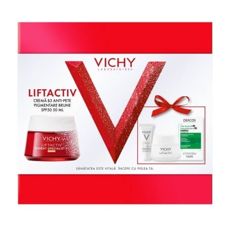 Pachet Crema SPF 50 Liftactiv Pigment Specialist B3, 50 ml + Crema de noapte Liftactiv Pigment Specialist B3, 15 ml + Fluid cu SPF 50+ Capital Soleil, 3 ml + Sampon anti-matreata Dercos, 6 ml, Vichy Pachet Crema SPF 50 Liftactiv Pigment Specialist B3, 50 ml + Crema de noapte Liftactiv Pigment Specialist B3, 15 ml + Fluid cu SPF 50+ Capital Soleil, 3 ml + Sampon anti-matreata Dercos, 6 ml, Vichy