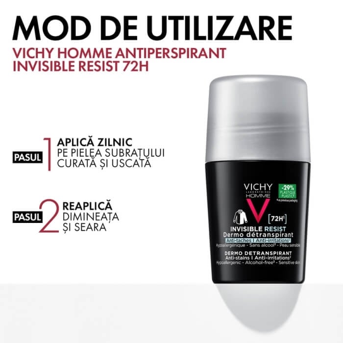 Pachet Deodorant roll-on Homme Invisible Resist 72h, 50 ml + 50 ml, Vichy Pachet Deodorant roll-on Homme Invisible Resist 72h, 50 ml + 50 ml, Vichy