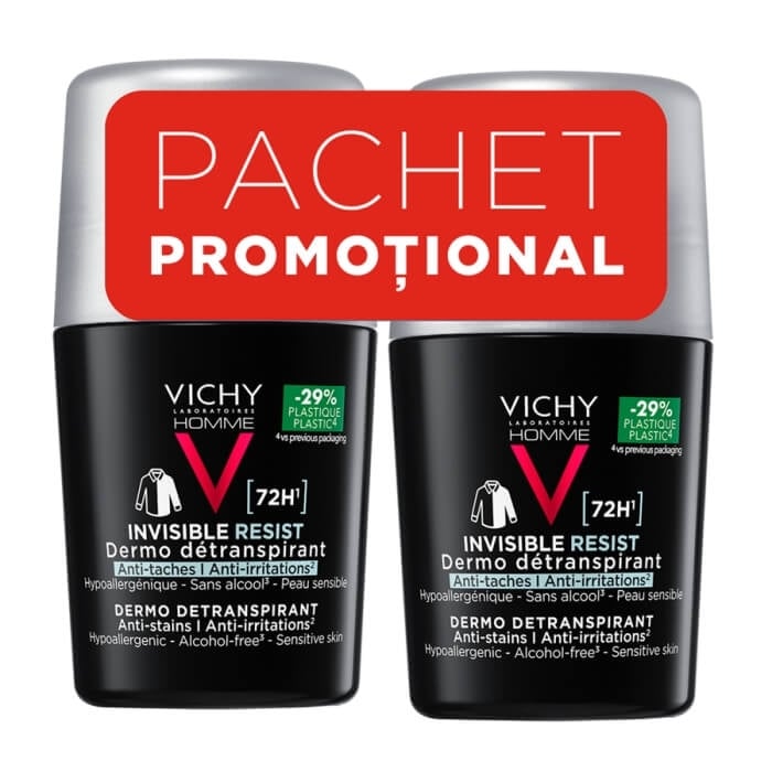 Pachet Deodorant roll-on Homme Invisible Resist 72h, 50 ml + 50 ml, Vichy Pachet Deodorant roll-on Homme Invisible Resist 72h, 50 ml + 50 ml, Vichy