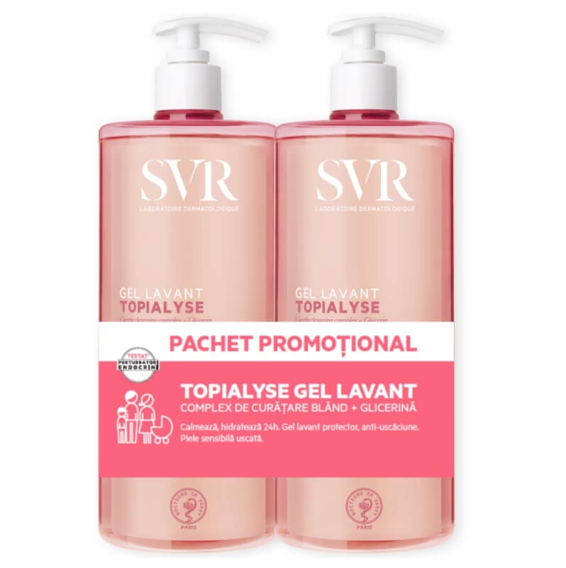 Pachet Gel de dus lavant pentru piele uscata si sensibila Topialyse, 2x1000 ml, SVR Pachet Gel de dus lavant pentru piele uscata si sensibila Topialyse, 2x1000 ml, SVR