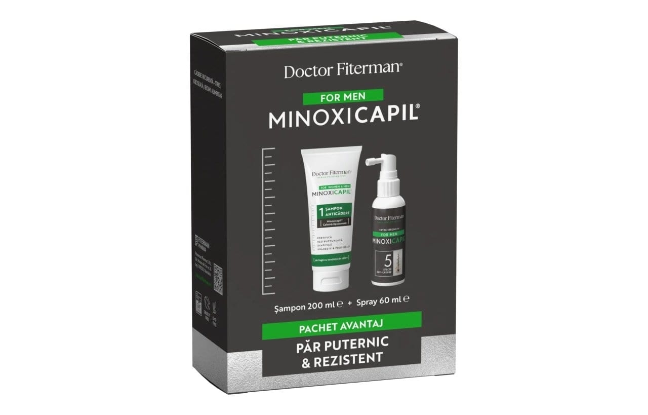 Pachet impotriva caderii parului pentru barbati Spray Minoxicapil Men, 60 ml + Sampon Minoxicapil, 200 ml, Doctor Fiterman Pachet impotriva caderii parului pentru barbati Spray Minoxicapil Men, 60 ml + Sampon Minoxicapil, 200 ml, Doctor Fiterman