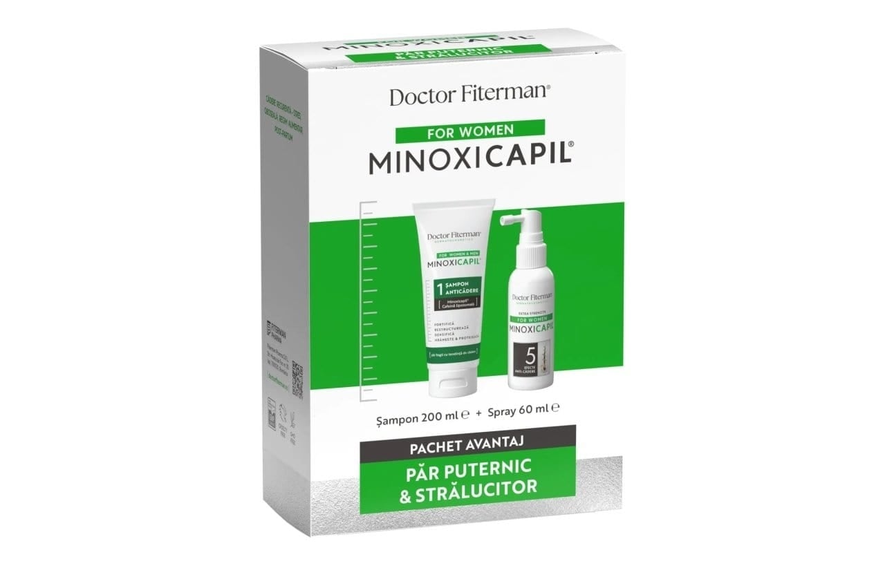 Pachet impotriva caderii parului pentru femei Spray Minoxicapil Women, 60 ml + Sampon Minoxicapil, 200 ml, Doctor Fiterman Pachet impotriva caderii parului pentru femei Spray Minoxicapil Women, 60 ml + Sampon Minoxicapil, 200 ml, Doctor Fiterman