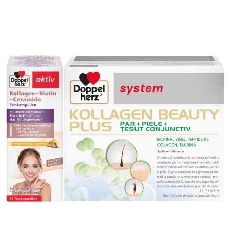 Pachet System Kollagen Beauty Plus, 30 flacoane + Aktiv Kollagen + Biotina + Ceramide, 25 ml, 10 flacoane, Doppelherz
