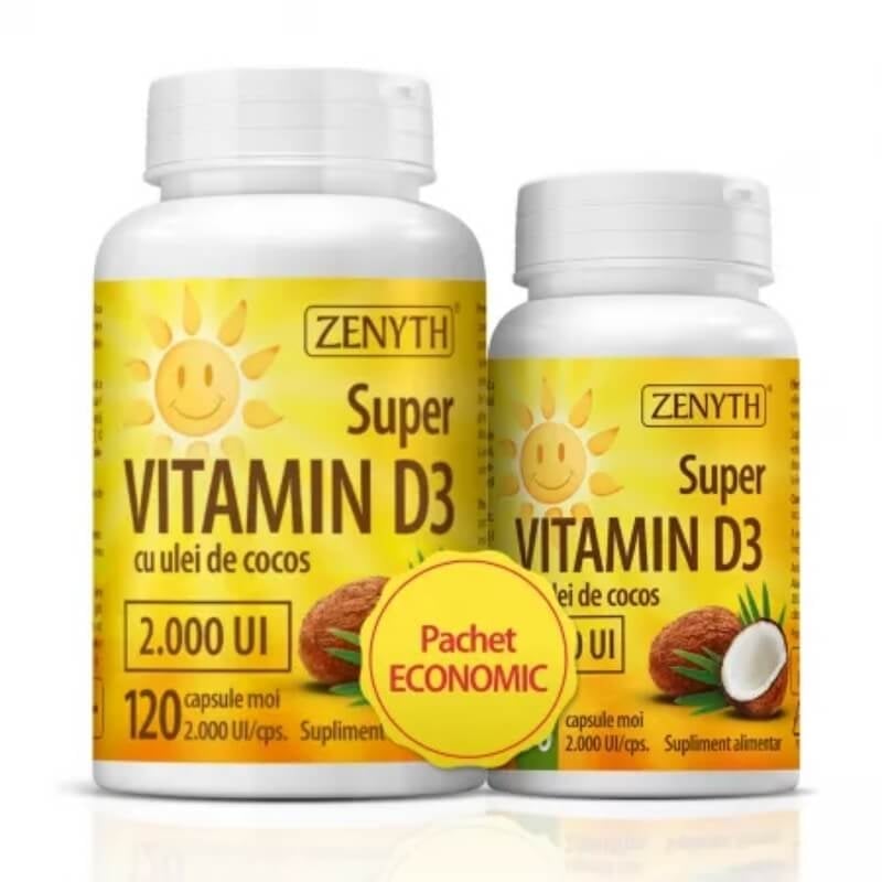 Pachet Super Vitamina D3 cu ulei de cocos 2000 UI, 120+30 capsule, Zenyth Pachet Super Vitamina D3 cu ulei de cocos 2000 UI, 120+30 capsule, Zenyth