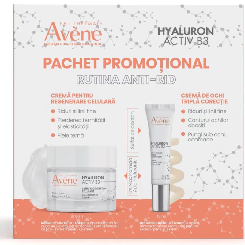 Pachet Crema pentru regenerare celulara, 50 ml + Crema de ochi, 15 ml Hyaluron Activ B3, Avene Pachet Crema pentru regenerare celulara, 50 ml + Crema de ochi, 15 ml Hyaluron Activ B3, Avene