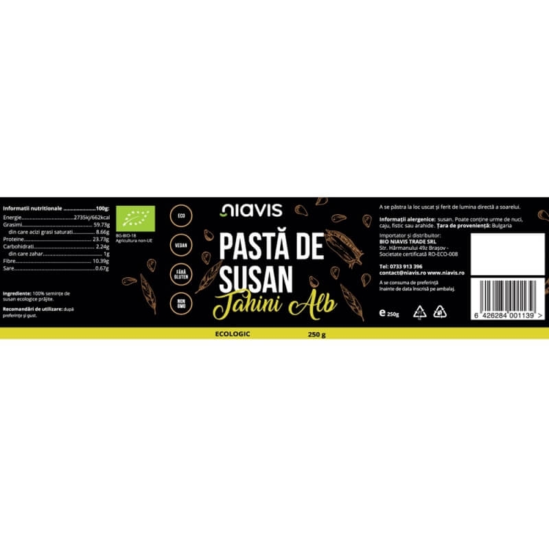 Pasta bio de susan (tahini alb), 250 g, Niavis Pasta bio de susan (tahini alb), 250 g, Niavis