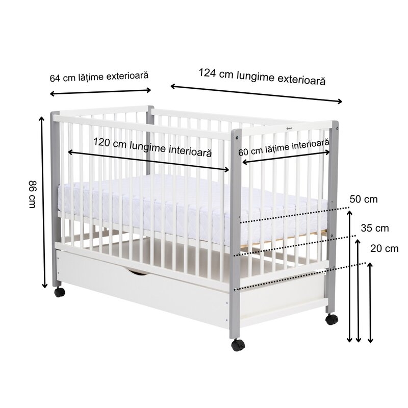Patut din lemn bebe, 120x60 cm, Cu sertar cu capac, Din lemn de pin si mdf, Stabil si rezistent, Inaltime saltea reglabila pe 3 nivele, Laterala cu 3 bete detasabile, EN716-1, EN716-2, Alb, Qmini, Maya + Saltea 8 cm Patut din lemn bebe, 120x60 cm, Cu sertar cu capac, Din lemn de pin si mdf, Stabil si rezistent, Inaltime saltea reglabila pe 3 nivele, Laterala cu 3 bete detasabile, EN716-1, EN716-2, Alb, Qmini, Maya + Saltea 8 cm