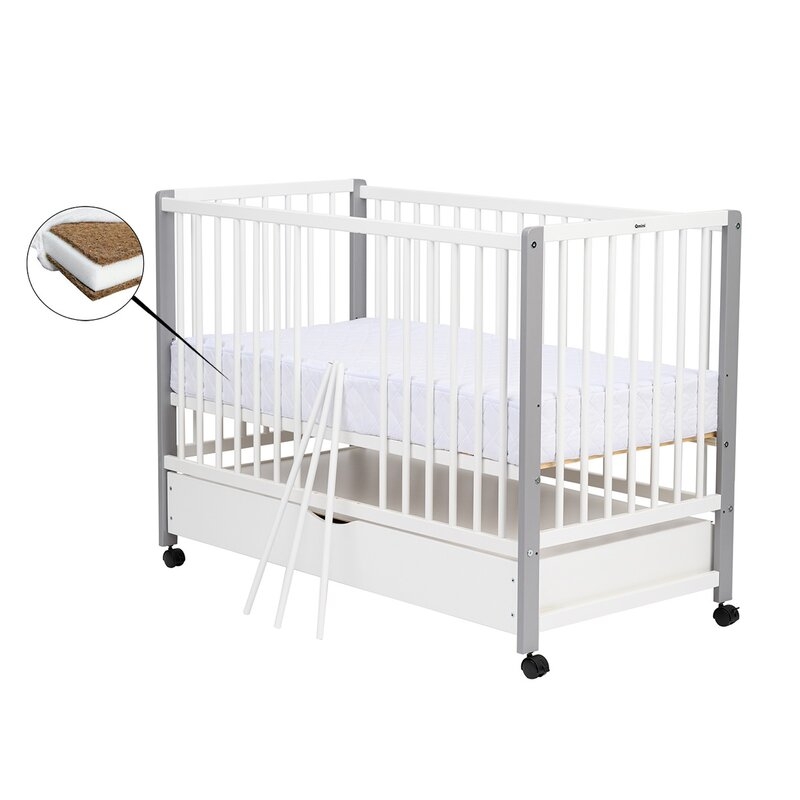 Patut din lemn bebe, 120x60 cm, Cu sertar cu capac, Din lemn de pin si mdf, Stabil si rezistent, Inaltime saltea reglabila pe 3 nivele, Laterala cu 3 bete detasabile, EN716-1, EN716-2, Alb, Qmini, Maya + Saltea 8 cm Patut din lemn bebe, 120x60 cm, Cu sertar cu capac, Din lemn de pin si mdf, Stabil si rezistent, Inaltime saltea reglabila pe 3 nivele, Laterala cu 3 bete detasabile, EN716-1, EN716-2, Alb, Qmini, Maya + Saltea 8 cm