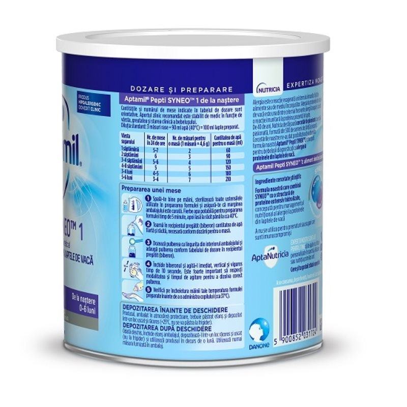 Lapte praf Aptamil Pepti Syneo 1, 0-6 luni, 400g, Nutricia Lapte praf Aptamil Pepti Syneo 1, 0-6 luni, 400g, Nutricia