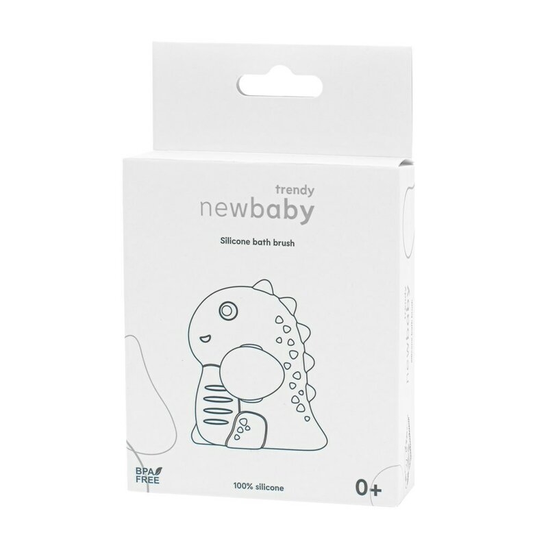 Perie de baie, New Baby, Din silicon, Cu peri moi, Maner ergonomic, Pentru pielea sensibila, 8x11 cm, 0 luni+, Dinosaur/Beige