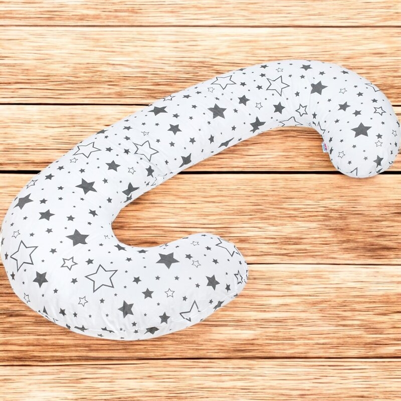 Perna alaptare, New Baby, Cu husa detasabila, In forma de C, Bumbac, Diametru 16 cm, Lungime in jurul circumferintei 285 cm, Stars White/Grey Perna alaptare, New Baby, Cu husa detasabila, In forma de C, Bumbac, Diametru 16 cm, Lungime in jurul circumferintei 285 cm, Stars White/Grey