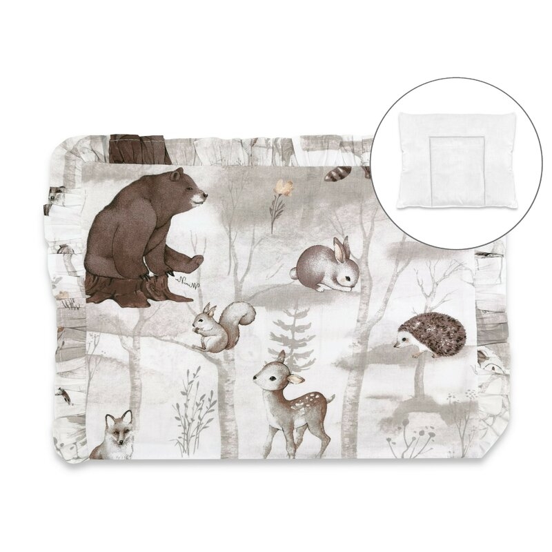 Perna clasica de dormit, MimiNu, Cu volanas, Cu husa detasabila cu fermoar, Din bumbac certificat Oeko Tex Standard 100, Pentru patut, carucior, balansoar, 30x40 cm, Design, Woodland Perna clasica de dormit, MimiNu, Cu volanas, Cu husa detasabila cu fermoar, Din bumbac certificat Oeko Tex Standard 100, Pentru patut, carucior, balansoar, 30x40 cm, Design, Woodland