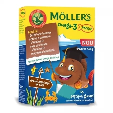 Pestisori gumati cu Omega-3 aroma de cola, 36 jeleuri, Moller's Pestisori gumati cu Omega-3 aroma de cola, 36 jeleuri, Moller's