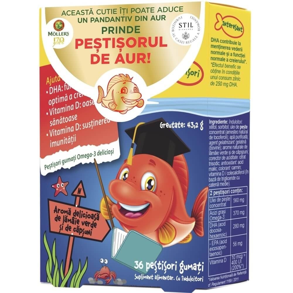 Pestisori gumati cu Omega-3 aroma de lamaie verde si capsuni, 36 jeleuri, Moller's Pestisori gumati cu Omega-3 aroma de lamaie verde si capsuni, 36 jeleuri, Moller's