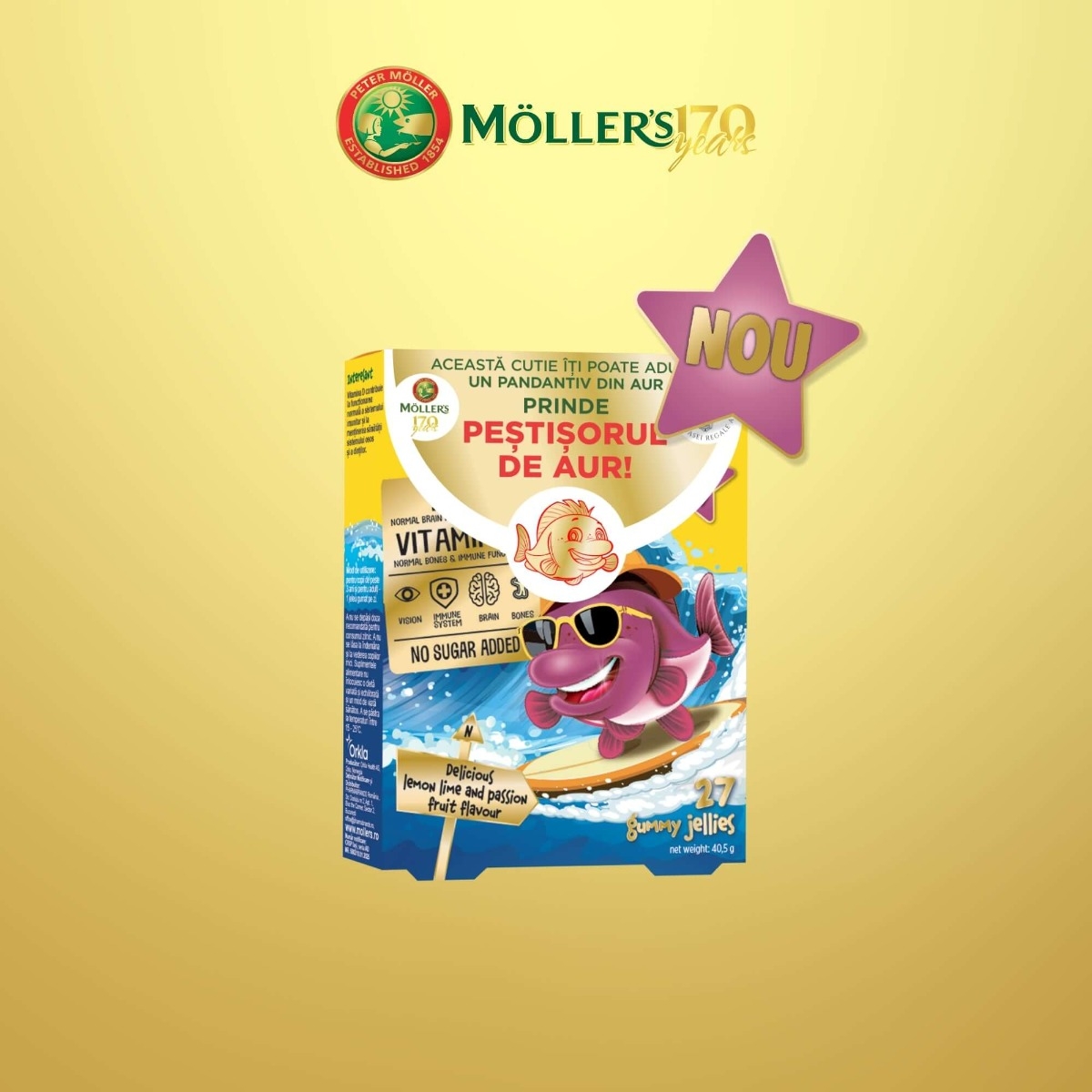 Pestisori gumati cu Omega-3 si aroma de lamaie verde si fructul pasiunii, 27 jeleuri, Moller's Pestisori gumati cu Omega-3 si aroma de lamaie verde si fructul pasiunii, 27 jeleuri, Moller's