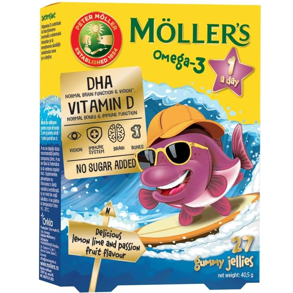 Pestisori gumati cu Omega-3 si aroma de lamaie verde si fructul pasiunii, 27 jeleuri, Moller's Pestisori gumati cu Omega-3 si aroma de lamaie verde si fructul pasiunii, 27 jeleuri, Moller's