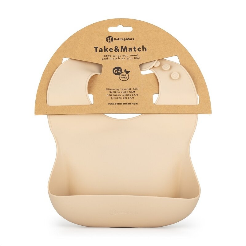 Petite&Mars - Baveta moale Take&Match, Reglabil, Cu buzunar colector, Silicon, Fara BPA, 6 luni+, Bej