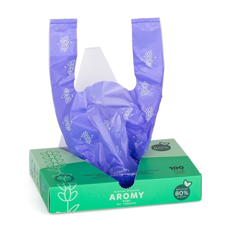 Petite&Mars - Saci parfumati pentru scutece, Aromy, Cu miros de lavanda, Rezistenti, Manere lungi, 100 bucati, Mov