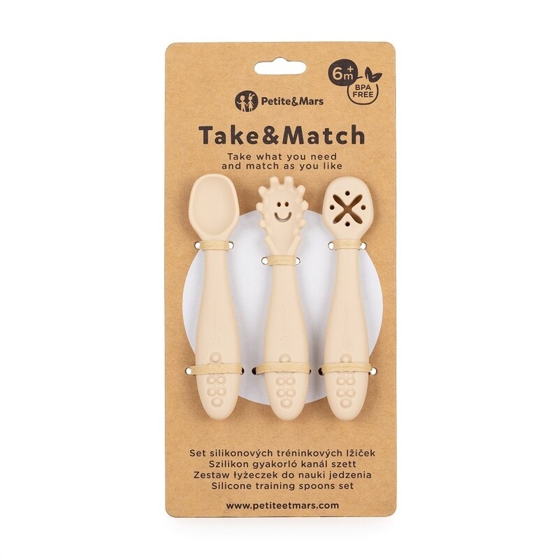 Petite&Mars - Set 3 lingurite, Diverse forme, Pentru supa, paste, alimente usoare, Dezvolta simturile si abilitatile senzoriale, Silicon, Fara BPA, 6 luni+, Bej