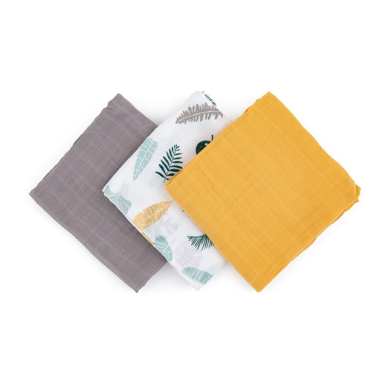 Petite&Mars - Set 3 scutece din muselina de bambus Moussy Ochre Leaves, Hipoalergenice, 68 x 68 cm, Certificate Oeko Tex Standard 100, Multicolor Petite&Mars - Set 3 scutece din muselina de bambus Moussy Ochre Leaves, Hipoalergenice, 68 x 68 cm, Certificate Oeko Tex Standard 100, Multicolor