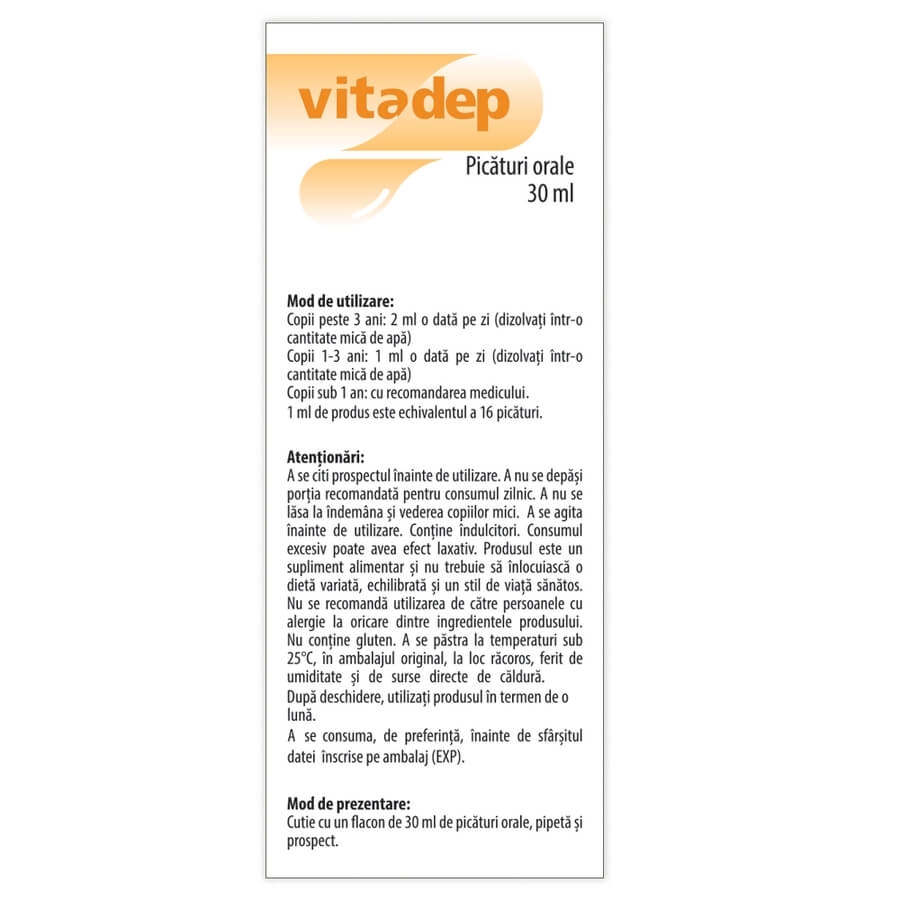 Picaturi orale cu vitamine pentru copii Vitadep, 30 ml, Dr. Phyto Picaturi orale cu vitamine pentru copii Vitadep, 30 ml, Dr. Phyto