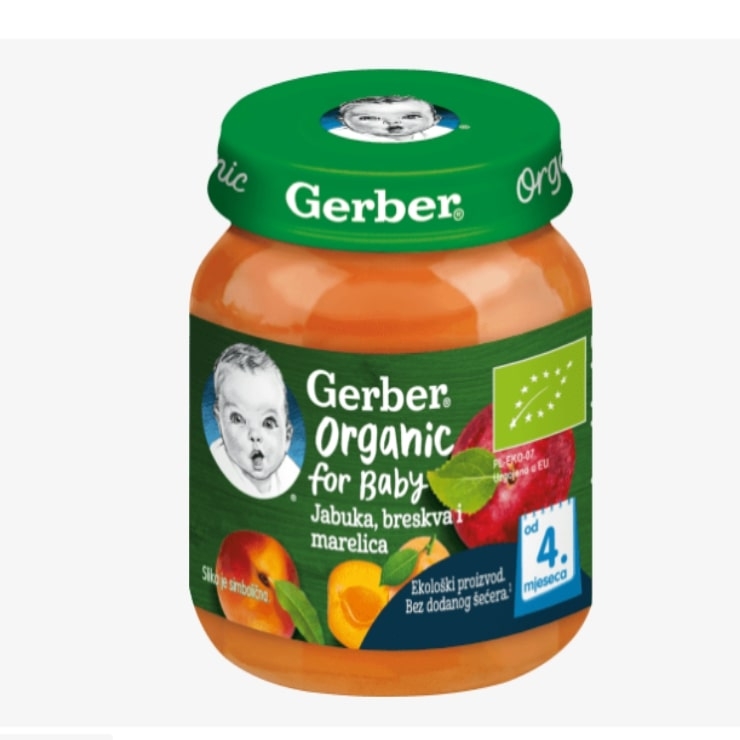 Piure Bio din mar cu piersica si caisa de la 4 luni, 125g, Gerber Piure Bio din mar cu piersica si caisa de la 4 luni, 125g, Gerber