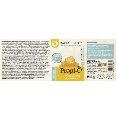 Propolis verde cu Vitamina C Propi-C, 30 comprimate, Dacia Plant Propolis verde cu Vitamina C Propi-C, 30 comprimate, Dacia Plant