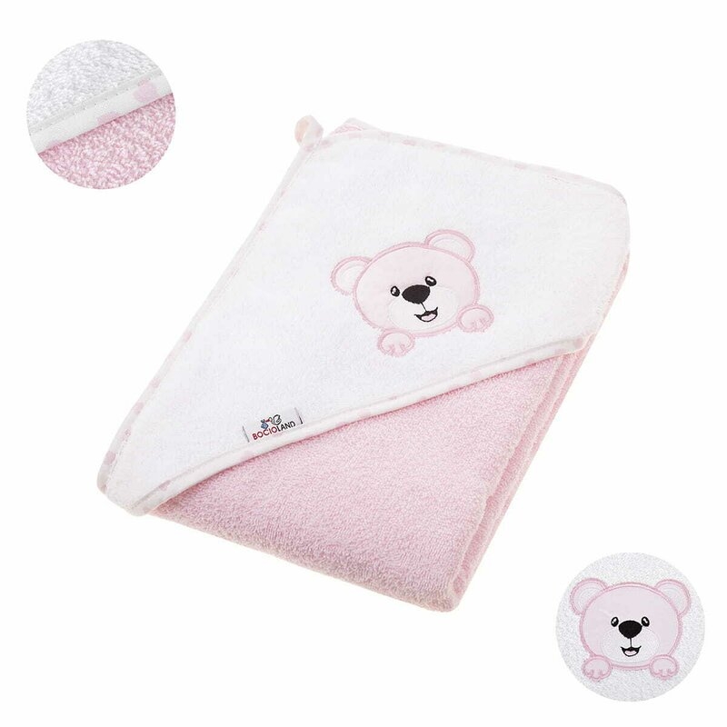 Prosop de baie, Bocioland, Cu gluga, 100% bumbac, 80x80 cm, Teddy Bear, Pink Prosop de baie, Bocioland, Cu gluga, 100% bumbac, 80x80 cm, Teddy Bear, Pink