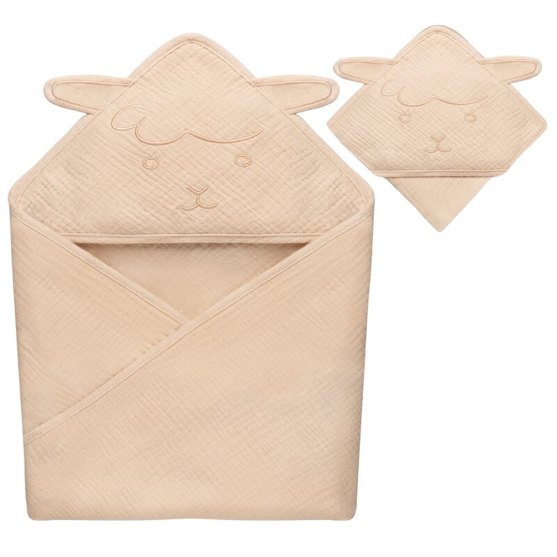 Prosop de baie, Lionelo, Cu gluga, Din muselina, 100% bumbac, 80x80 cm, Absorbtie eficienta, Bej deschis Prosop de baie, Lionelo, Cu gluga, Din muselina, 100% bumbac, 80x80 cm, Absorbtie eficienta, Bej deschis