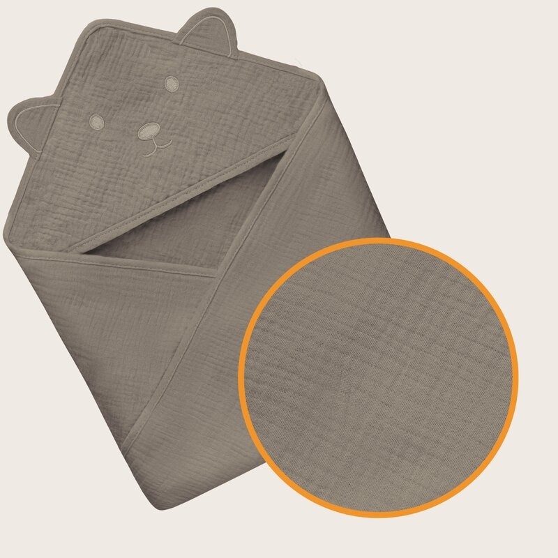 Prosop de baie, Lionelo, Cu gluga, Din muselina, 100% bumbac, 80x80 cm, Absorbtie eficienta, Bej inchis Prosop de baie, Lionelo, Cu gluga, Din muselina, 100% bumbac, 80x80 cm, Absorbtie eficienta, Bej inchis