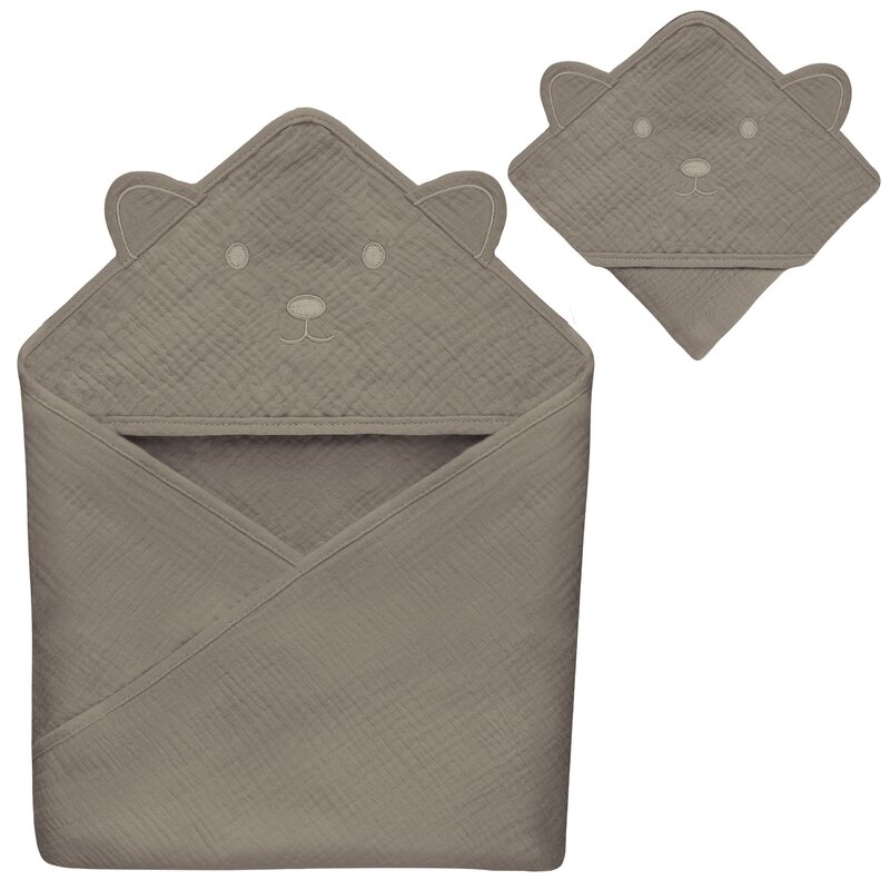 Prosop de baie, Lionelo, Cu gluga, Din muselina, 100% bumbac, 80x80 cm, Absorbtie eficienta, Bej inchis Prosop de baie, Lionelo, Cu gluga, Din muselina, 100% bumbac, 80x80 cm, Absorbtie eficienta, Bej inchis