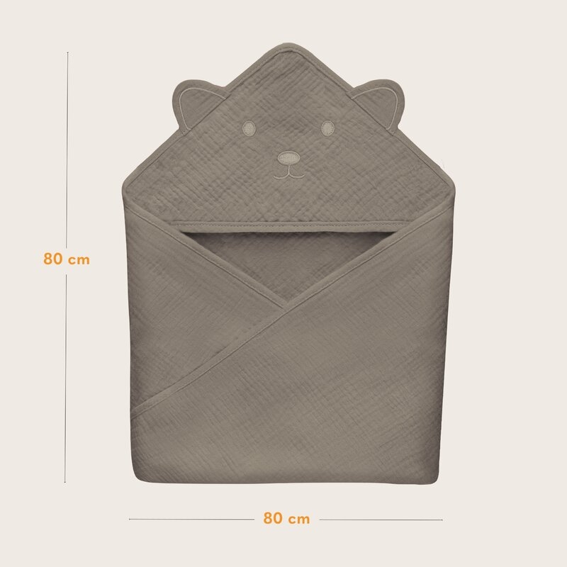 Prosop de baie, Lionelo, Cu gluga, Din muselina, 100% bumbac, 80x80 cm, Absorbtie eficienta, Bej inchis Prosop de baie, Lionelo, Cu gluga, Din muselina, 100% bumbac, 80x80 cm, Absorbtie eficienta, Bej inchis