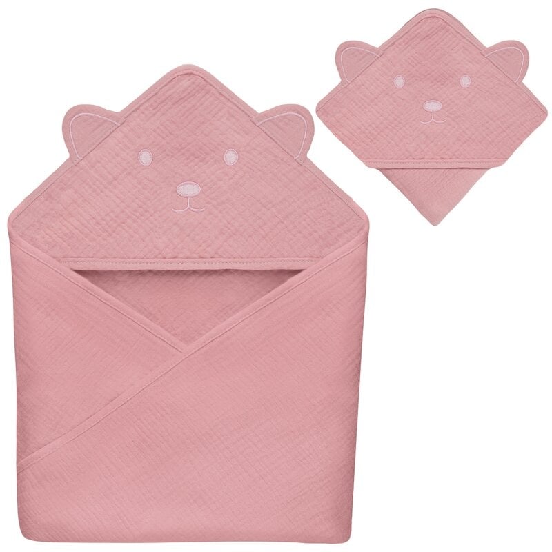 Prosop de baie, Lionelo, Cu gluga, Din muselina, 100% bumbac, 80x80 cm, Absorbtie eficienta, Roz Prosop de baie, Lionelo, Cu gluga, Din muselina, 100% bumbac, 80x80 cm, Absorbtie eficienta, Roz