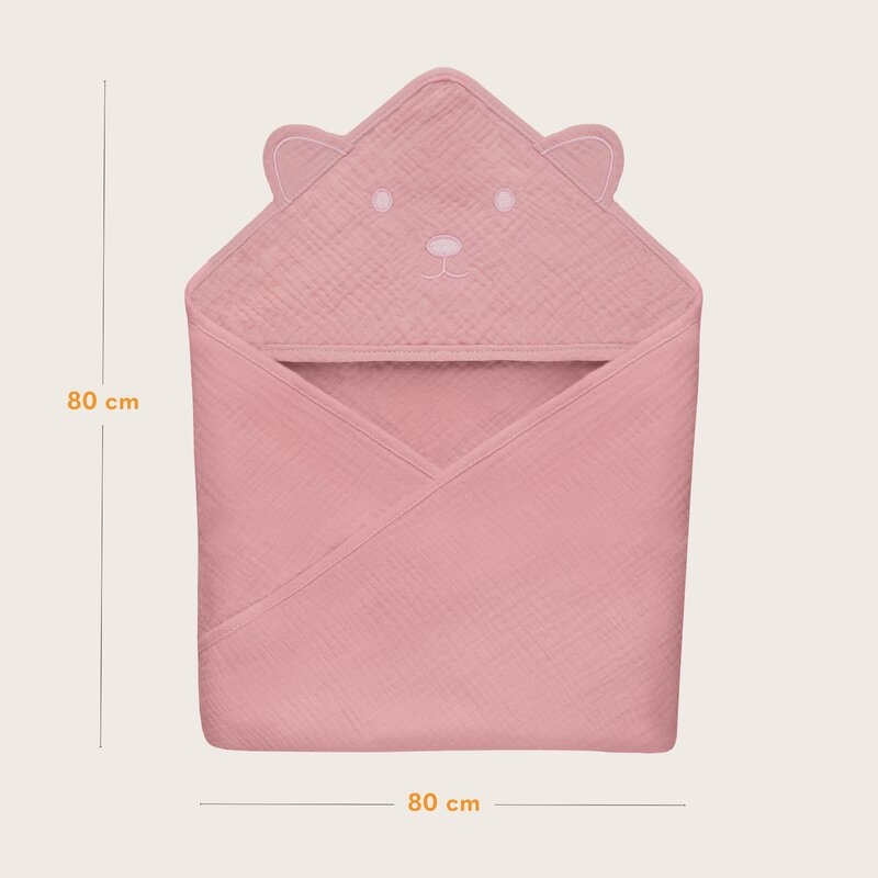 Prosop de baie, Lionelo, Cu gluga, Din muselina, 100% bumbac, 80x80 cm, Absorbtie eficienta, Roz Prosop de baie, Lionelo, Cu gluga, Din muselina, 100% bumbac, 80x80 cm, Absorbtie eficienta, Roz