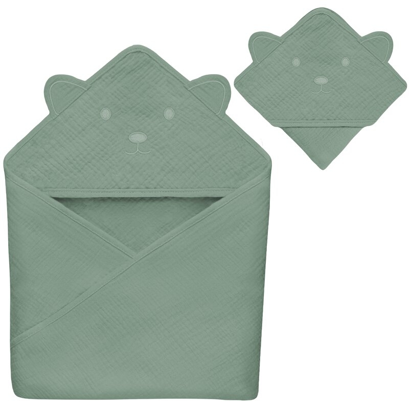 Prosop de baie, Lionelo, Cu gluga, Din muselina, 100% bumbac, 80x80 cm, Absorbtie eficienta, Verde Prosop de baie, Lionelo, Cu gluga, Din muselina, 100% bumbac, 80x80 cm, Absorbtie eficienta, Verde