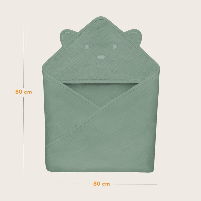Prosop de baie, Lionelo, Cu gluga, Din muselina, 100% bumbac, 80x80 cm, Absorbtie eficienta, Verde Prosop de baie, Lionelo, Cu gluga, Din muselina, 100% bumbac, 80x80 cm, Absorbtie eficienta, Verde