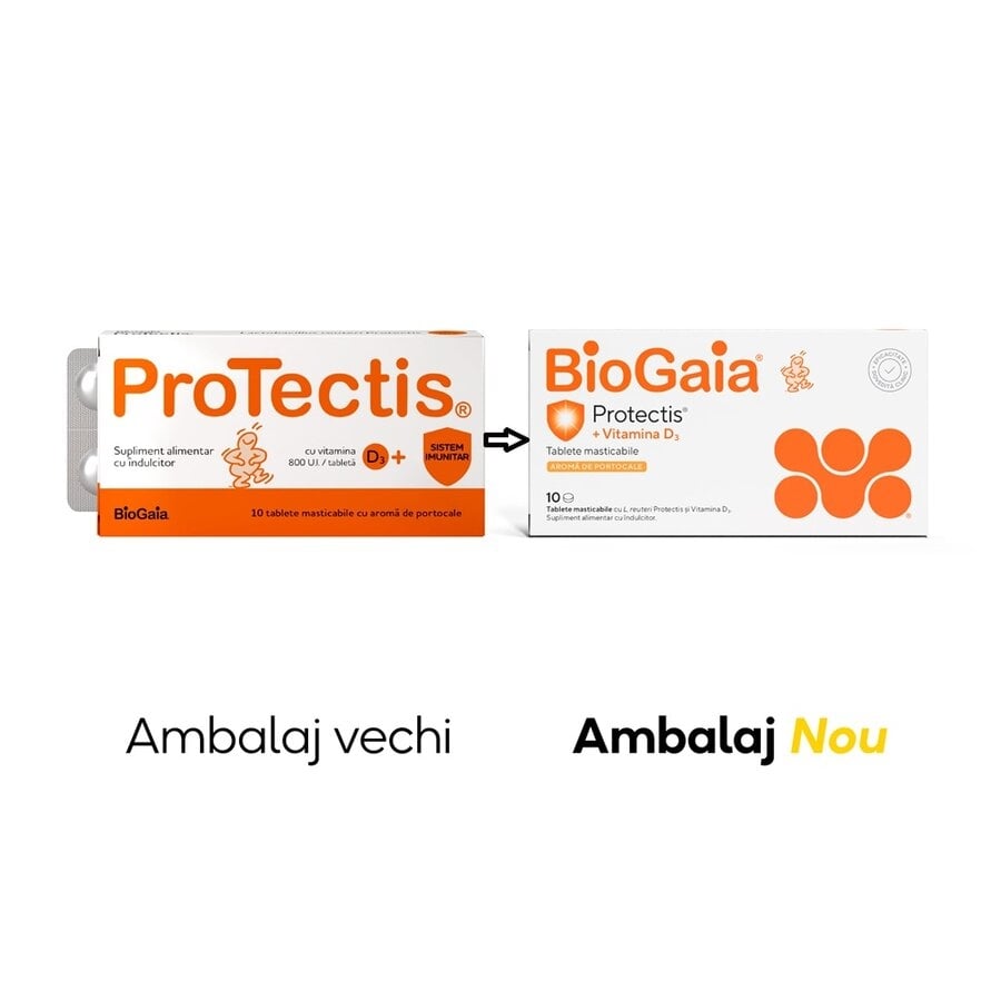 Protectis cu vitamina D3 800 UI cu aroma de portocale, 10 tablete masticabile, BioGaia Protectis cu vitamina D3 800 UI cu aroma de portocale, 10 tablete masticabile, BioGaia