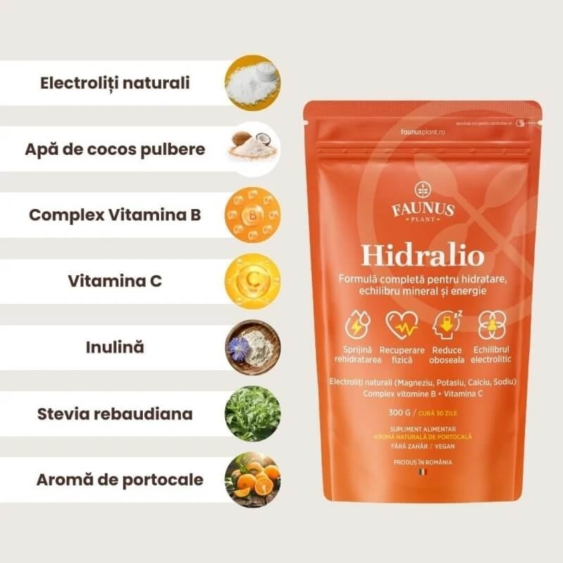 Pudra cu electroliti pentru hidratare si energie Hidralio, 300 g, Faunus Plant