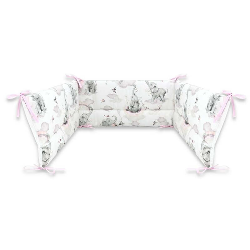 Qmini - Aparatoare pentru patut 120X60 cm, Din bumbac certificat Oeko Tex Standard 100, 180x30 cm, Cu panglici, Elephants on Rainbow Pink Qmini - Aparatoare pentru patut 120X60 cm, Din bumbac certificat Oeko Tex Standard 100, 180x30 cm, Cu panglici, Elephants on Rainbow Pink