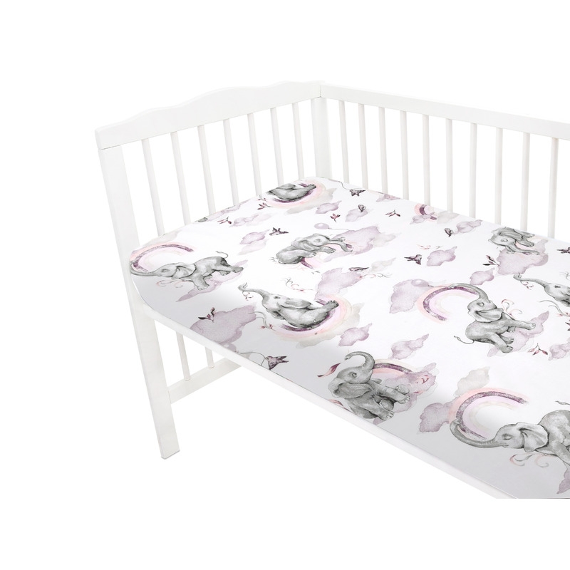 Qmini - Cearceaf cu elastic pentru patut 120x60 cm, Din bumbac certificat Oeko Tex Standard 100, Elephants on Rainbow Pink Qmini - Cearceaf cu elastic pentru patut 120x60 cm, Din bumbac certificat Oeko Tex Standard 100, Elephants on Rainbow Pink