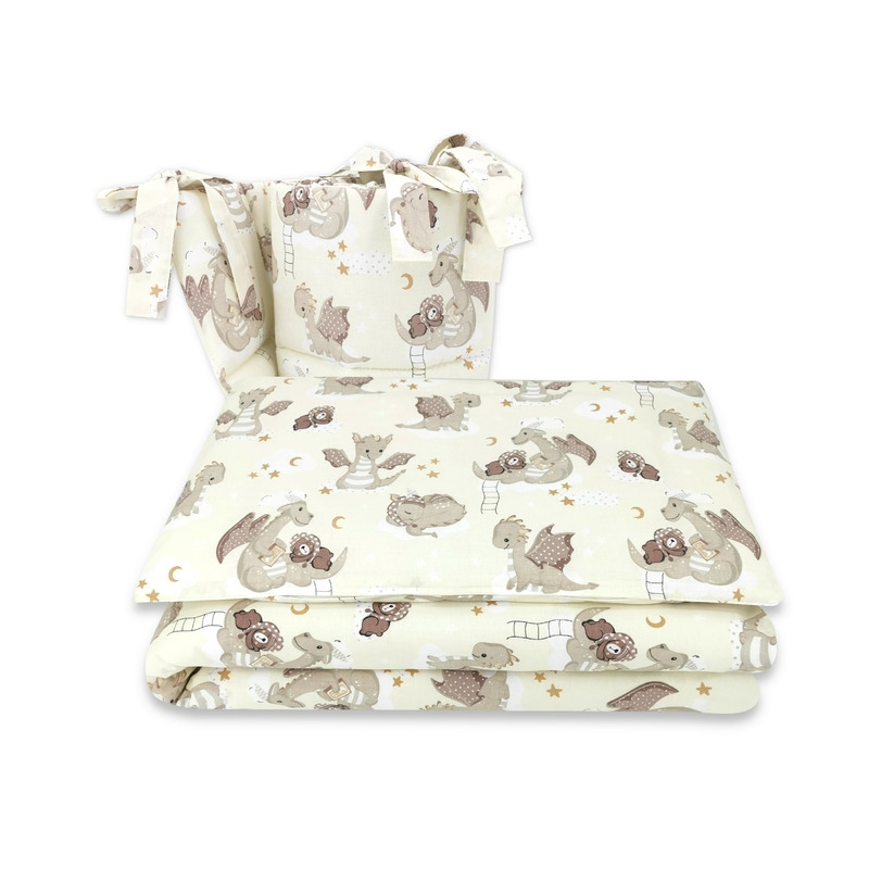 Qmini - Lenjerie patut 3 piese, Cu protectie laterala, Din bumbac certificat Oeko Tex Standard 100, Pentru patut 140x70 cm, Dragons Beige Qmini - Lenjerie patut 3 piese, Cu protectie laterala, Din bumbac certificat Oeko Tex Standard 100, Pentru patut 140x70 cm, Dragons Beige