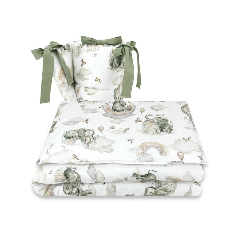 Lenjerie patut 3 piese, Cu protectie laterala, Din bumbac, Pentru patut 140x70 cm, Elephants on Rainbow, Qmini Lenjerie patut 3 piese, Cu protectie laterala, Din bumbac, Pentru patut 140x70 cm, Elephants on Rainbow, Qmini