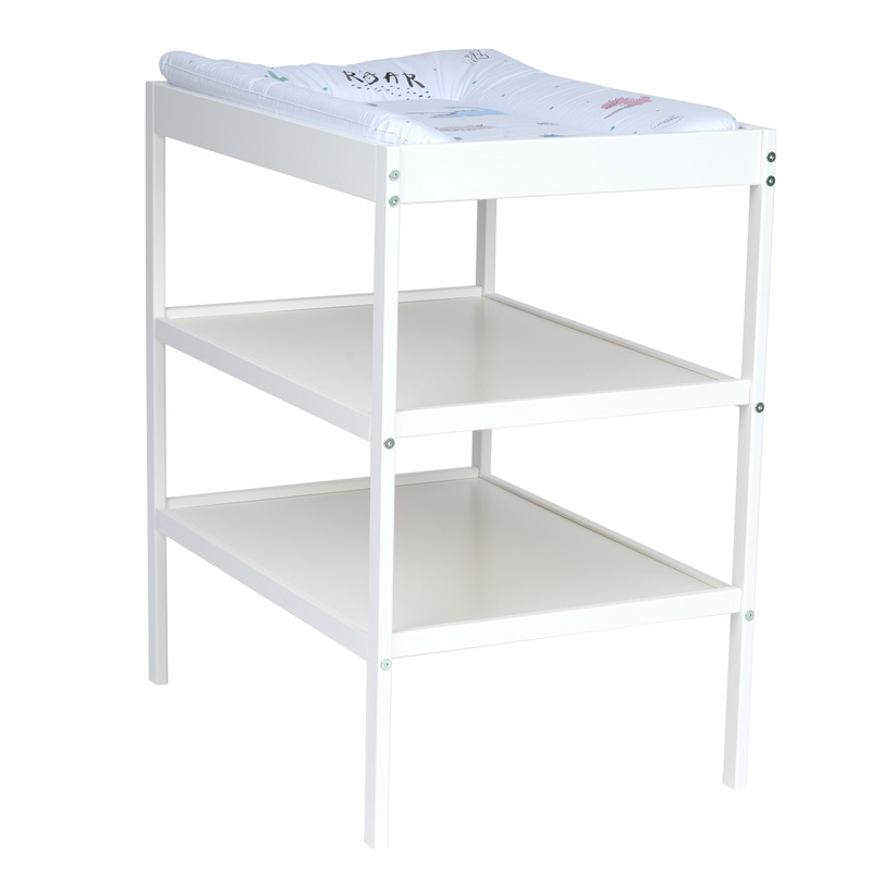 Qmini - Masuta de schimbat, Cu 2 polite pentru depozitare, Potrivita pentru saltelute de infasat de 70x50 cm, Inaltime 86 cm, Alb Qmini - Masuta de schimbat, Cu 2 polite pentru depozitare, Potrivita pentru saltelute de infasat de 70x50 cm, Inaltime 86 cm, Alb