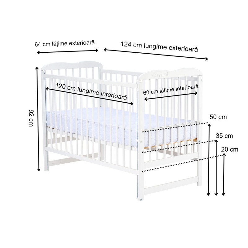 Qmini - Patut din lemn Agata 120x60 cm, Cu laterala culisanta, Din lemn de pin, Stabil si rezistent, Inaltime saltea reglabila pe 3 nivele, Laterala cu 3 bete detasabile, EN716-1, EN716-2, Alb + Saltea 10 cm