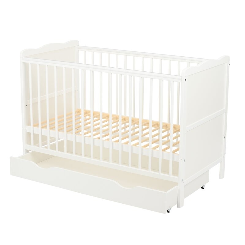 Qmini - Patut din lemn Julia 120x60 cm, multifunctional, cu sertar, Alb + Saltea 8 cm