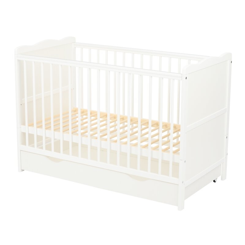Qmini - Patut din lemn Julia 120x60 cm, multifunctional, cu sertar, Alb + Saltea 8 cm