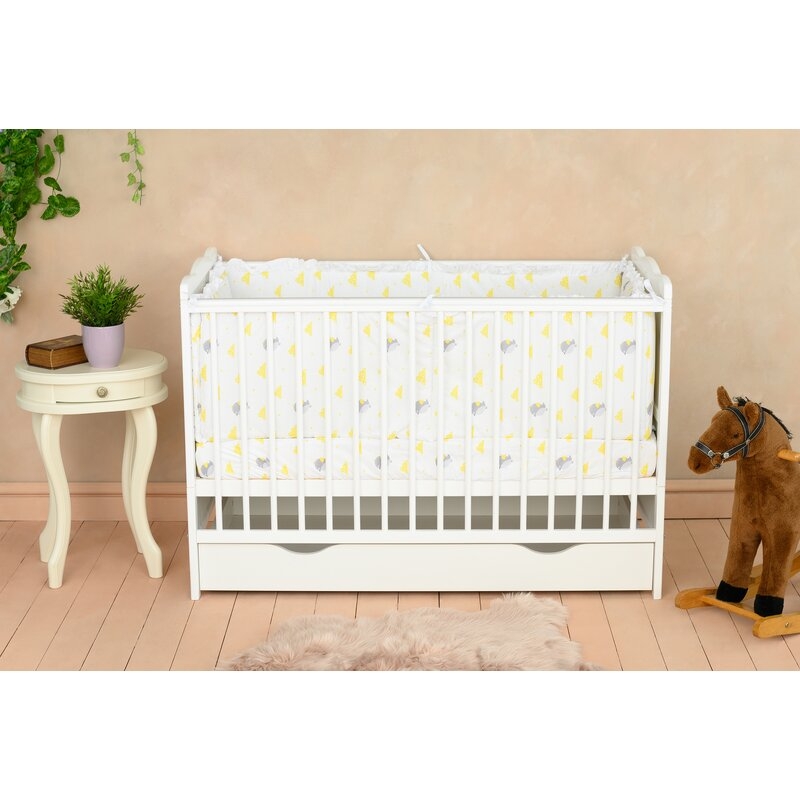 Qmini - Patut din lemn Julia 120x60 cm, multifunctional, cu sertar, Alb + Saltea 8 cm